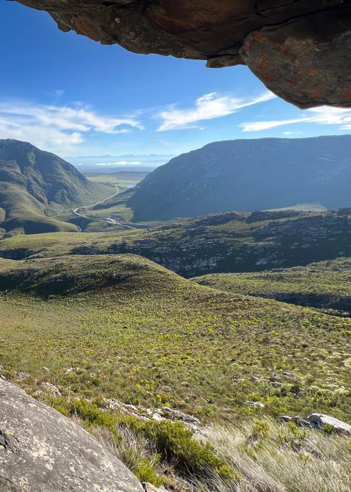 Fynbos-covered slopes and a winding road through a mountain valley, seen from beneath a rock overhang near Garcia Pass.